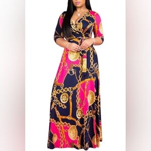 Navy & Pink Chain Print Maxi Dress